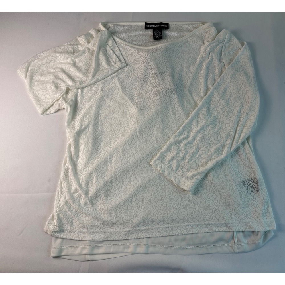Norton McNaughton Women's Layered Look Top L Long Sleeve‎ Cream Pattern